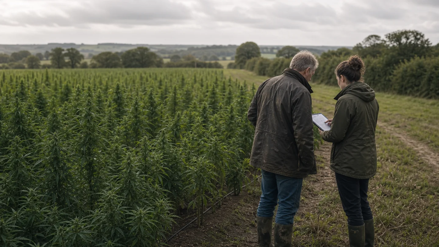 A Munster Hemp grower consultation beside an Irish hemp crop